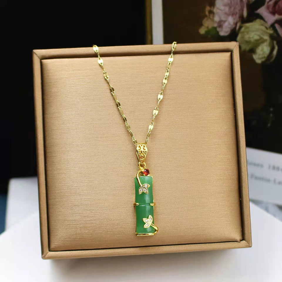 Exquisite Long Bamboo Jade Pendant Necklace